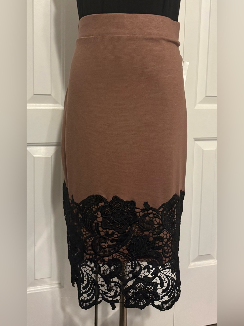 OLIVIA BLU Milk Chocolate Brown Stretch Pencil Skirt with Black Lace-Hem
